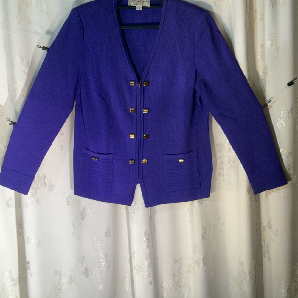 St. John Dark Periwinkle Knit Blazer with Gold-Tone Accents
